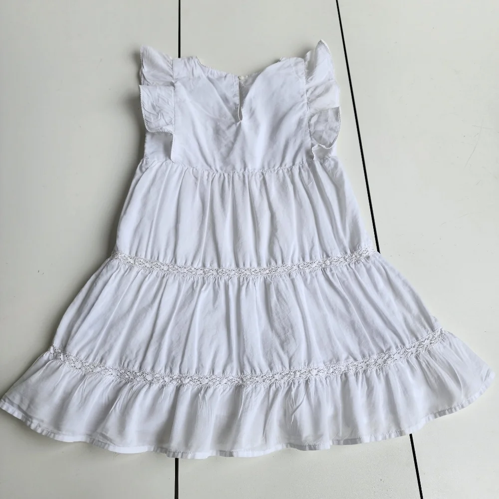H&M Girls White Cotton Ruffled Summer Dress  Sundress Cap Sleeves Sz 6